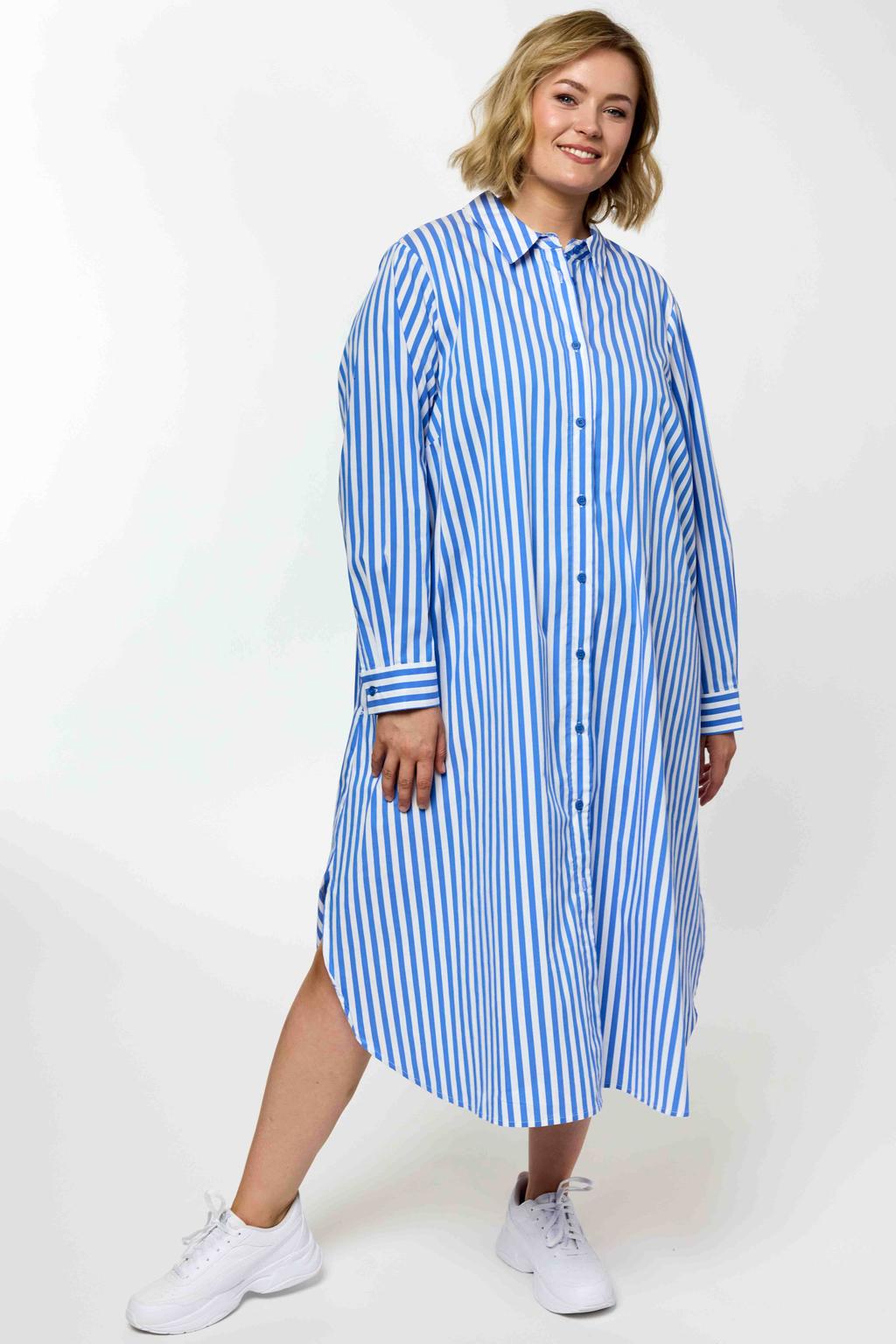 Blauw en witte dames Gozzip gestreepte blousejurk van katoen met lange mouwen, klassieke kraag en knoopsluiting