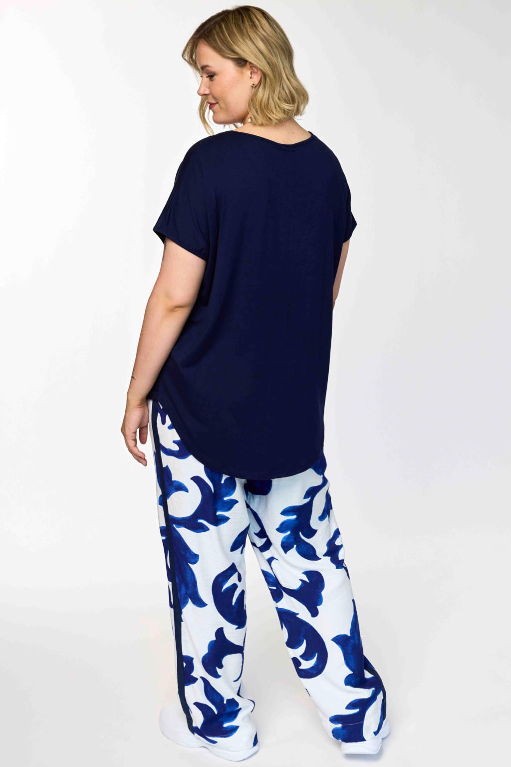 Blauw en witte dames Gozzip high waist broek print van viscose met elastische tailleband