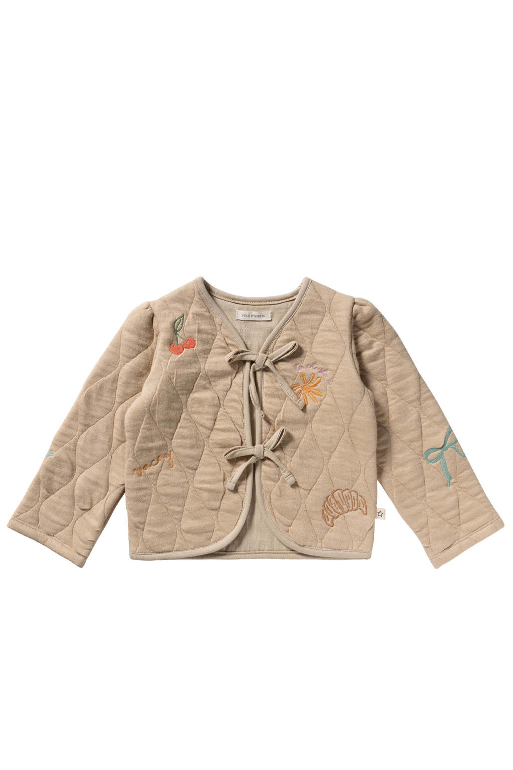Beige meisjes Your Wishes jasje van katoen met lange mouwen, V-hals, striksluiting en borduursels