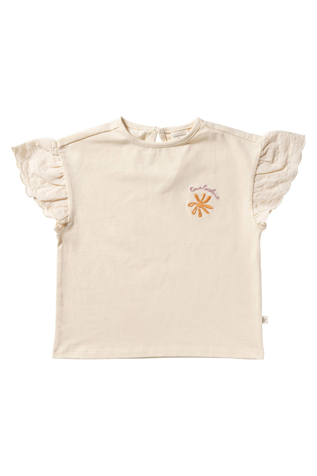Witte meisjes Your Wishes T-shirt broderie van stretchkatoen met printopdruk, korte mouwen, ronde hals en knoopsluiting