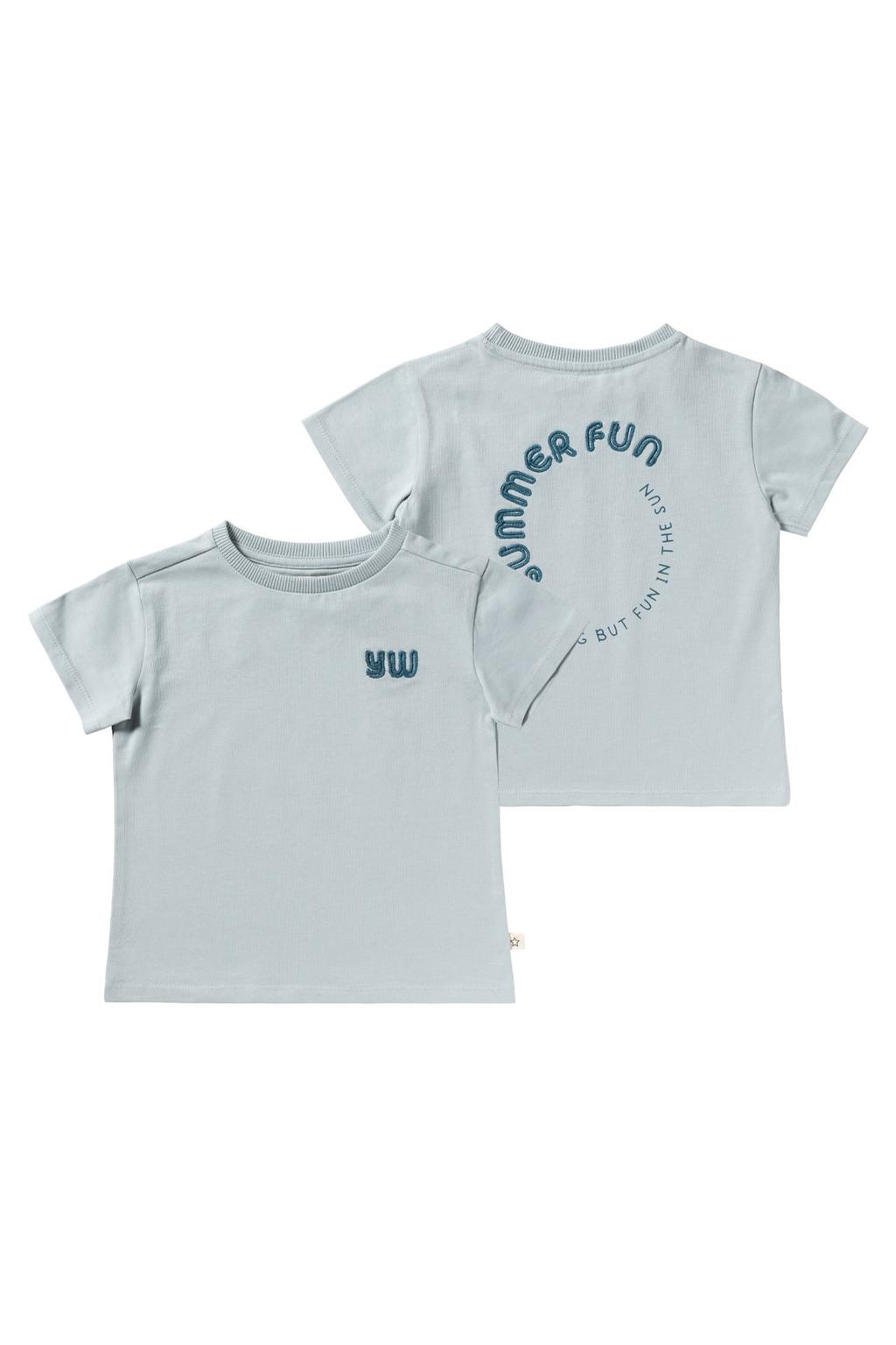 Grijsblauwe jongens Your Wishes T-shirt blauw van stretchkatoen met backprint, korte mouwen en ronde hals