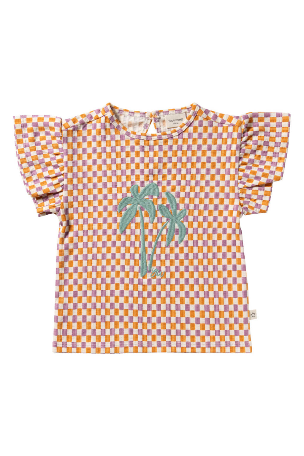 Lila, oranje en witte meisjes Your Wishes geruit T-shirt van katoen met printopdruk, korte mouwen, ronde hals en borduursels