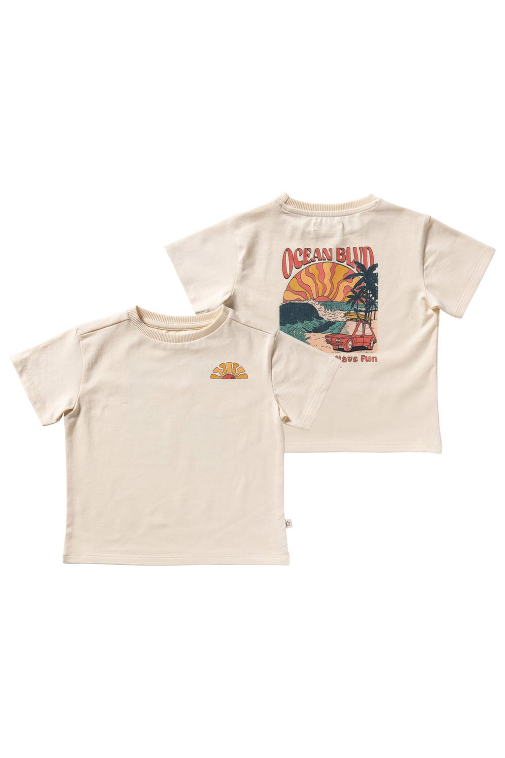 Ecru jongens Your Wishes T-shirt van stretchkatoen met backprint, korte mouwen en ronde hals