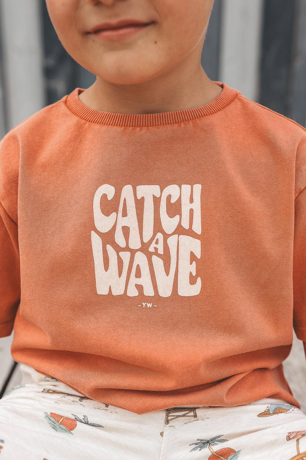 Oranje jongens Your Wishes T-shirt van stretchkatoen met tekst print, korte mouwen en ronde hals