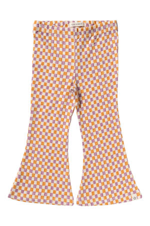 regular waist geruite flared broek oranje met textuur