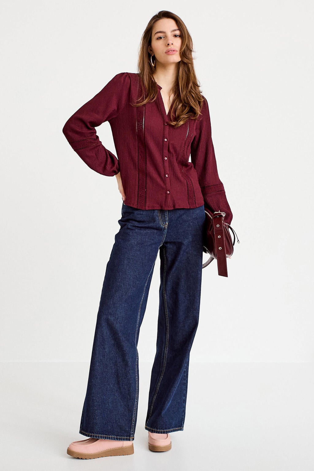 Donkerrode dames Cache Cache blouse van polyester met effen, lange mouwen, V-hals, knoopsluiting en kant