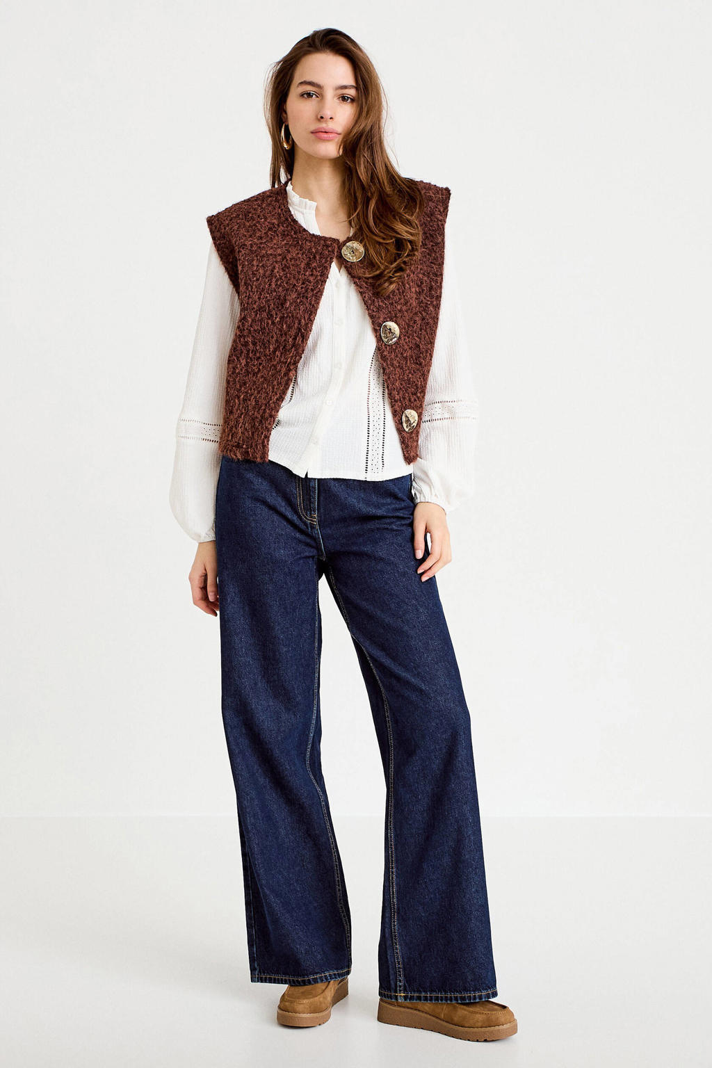 Ecru dames Cache Cache blouse van polyester met effen, lange mouwen, V-hals, knoopsluiting en kant