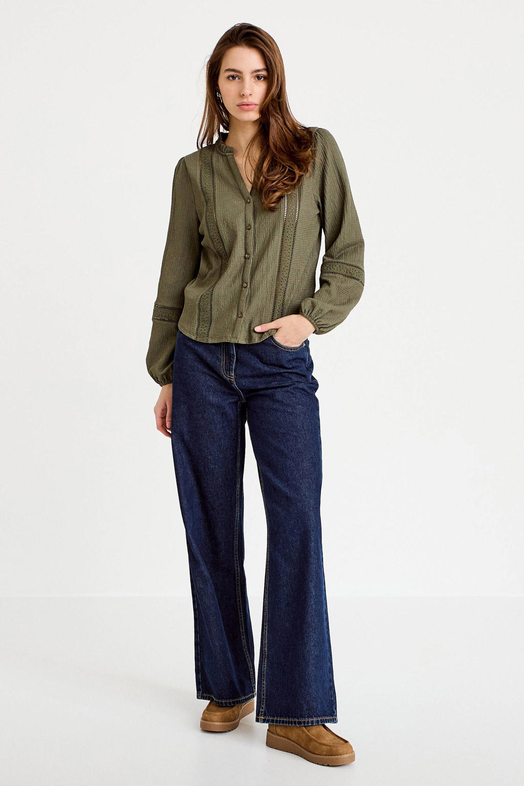 Groene dames Cache Cache blouse van polyester met effen, lange mouwen, V-hals, knoopsluiting en kant