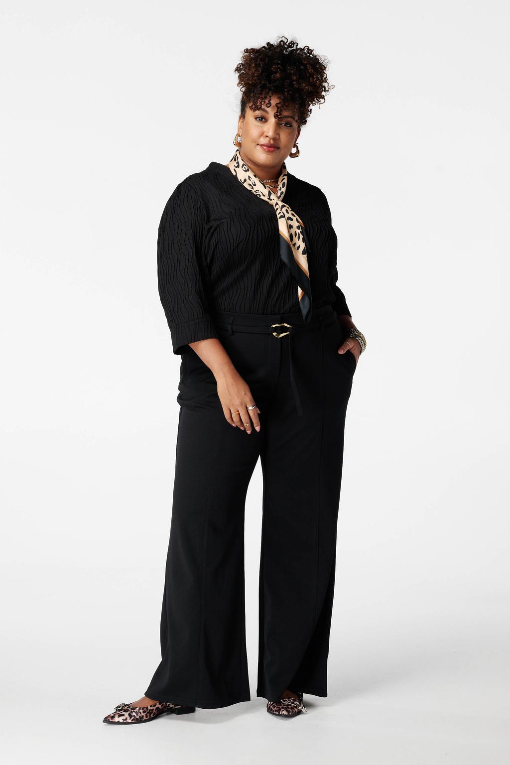 Zwarte dames MS Mode wide leg high waist broek met rits- en haaksluiting en effen