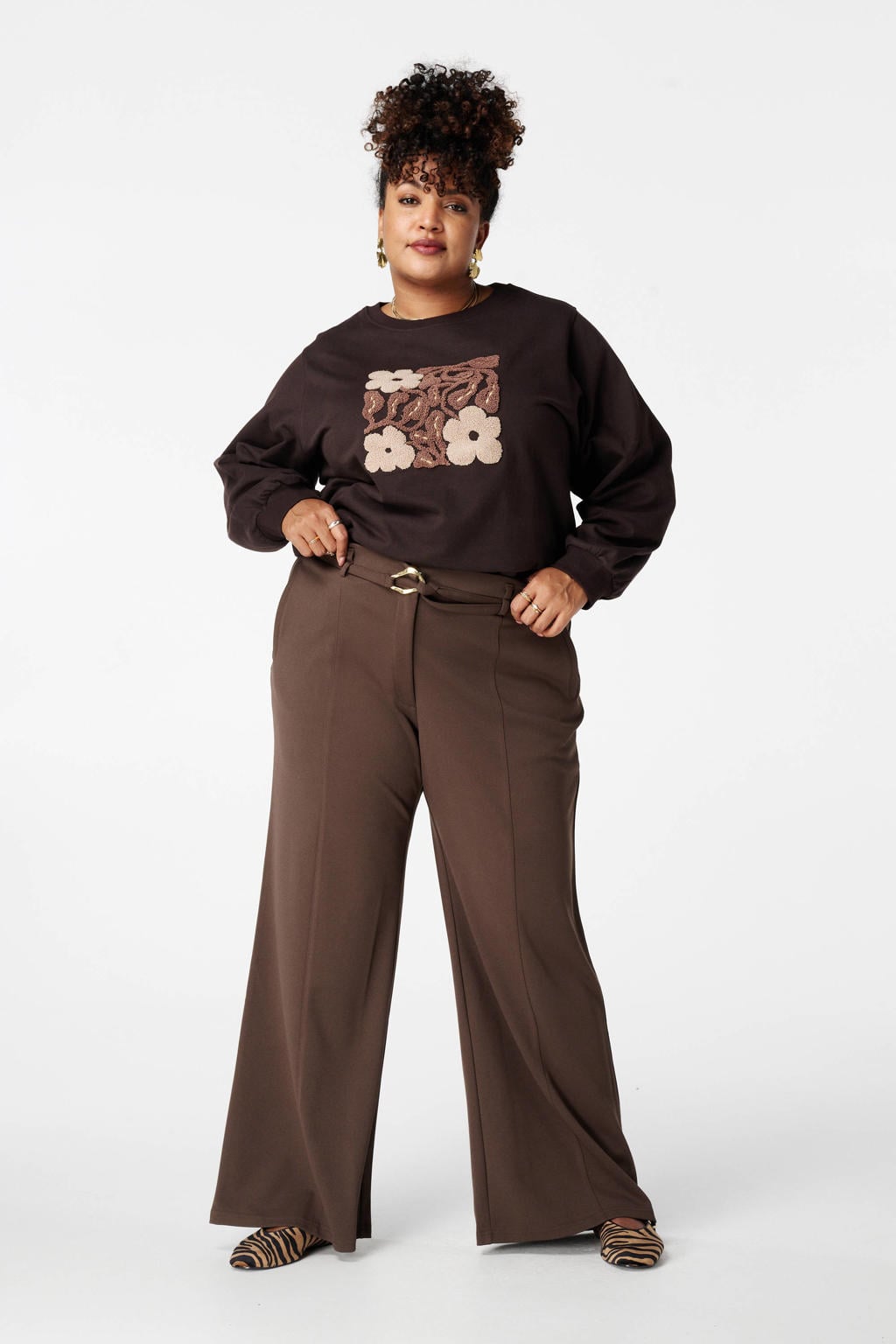 Bruine dames MS Mode wide leg high waist broek met rits- en haaksluiting en effen
