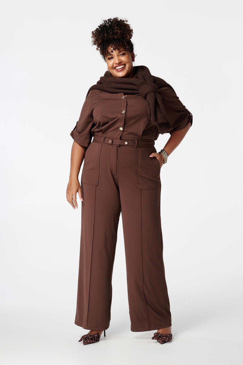 Bruine dames MS Mode jumpsuit van polyester met knoopsluiting en effen