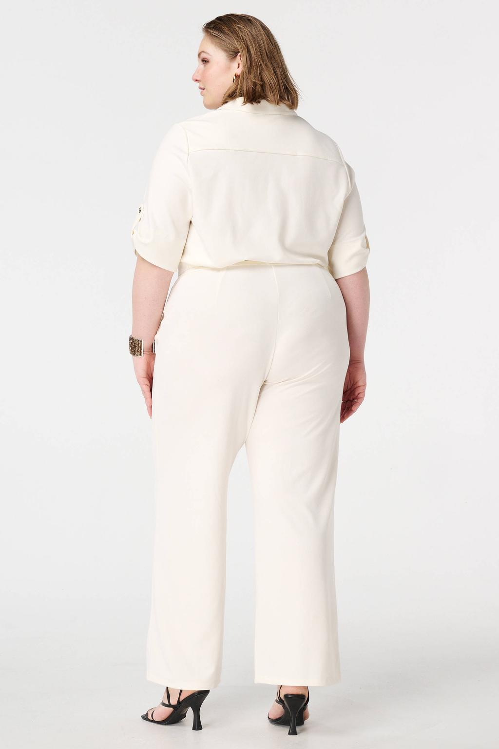 Ecru dames MS Mode jumpsuit van polyester met knoopsluiting en effen