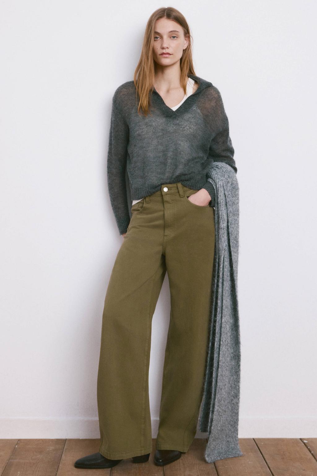 Kakikleurige dames Mango wide leg jeans van denim met rits- en knoopsluiting en effen