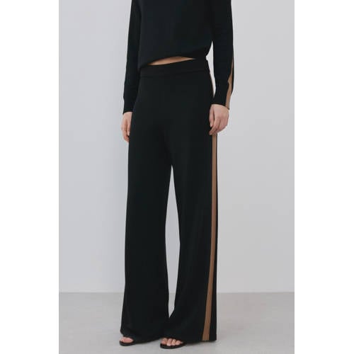 Mango wide leg regular waist gestreepte casual broek zwart afbeelding