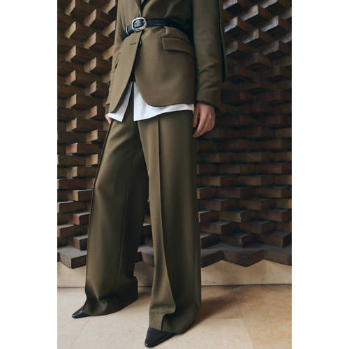 Mango wide leg regular waist broek kaki afbeelding