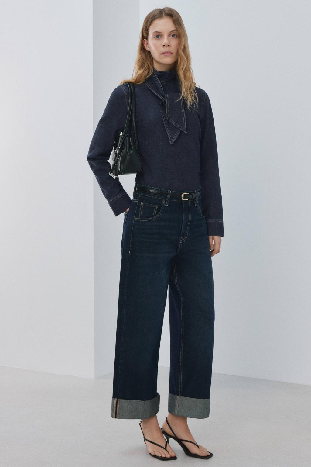 Dark blue denim dames Mango top dark blue van denim met effen, lange mouwen en strikkraag