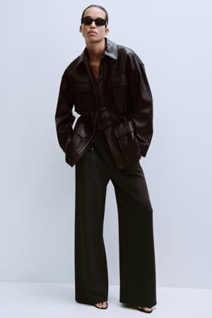 wide leg regular waist broek donkerbruin