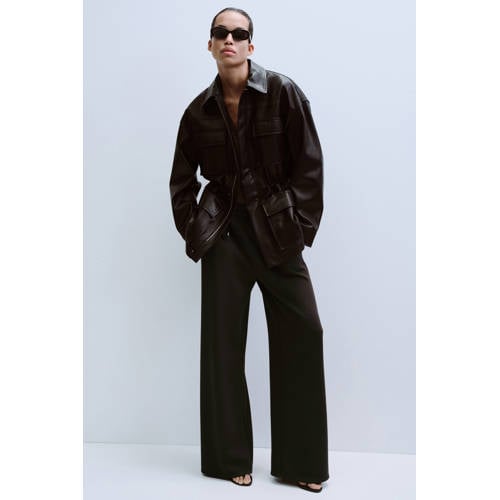 Mango wide leg regular waist broek donkerbruin afbeelding