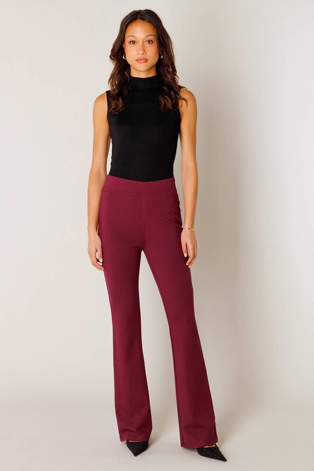Donkerrode dames Base Level jersey high waist flared broek met elastische tailleband en effen
