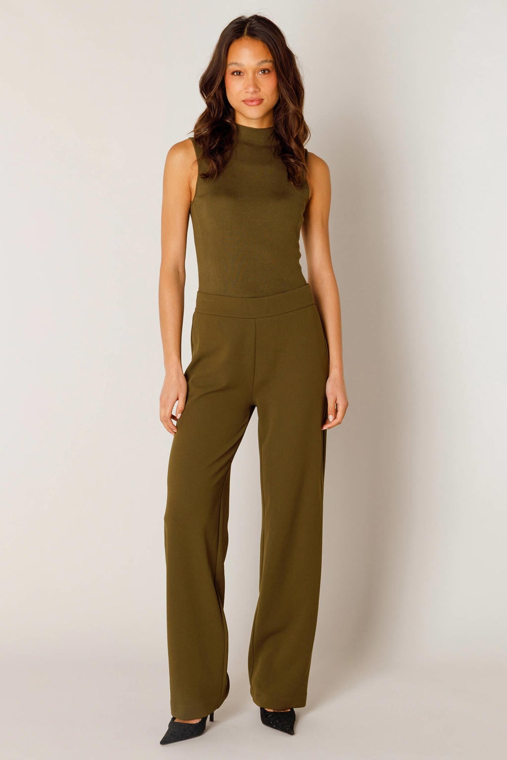 Olijfgroene dames Base Level wide leg high waist broek met effen