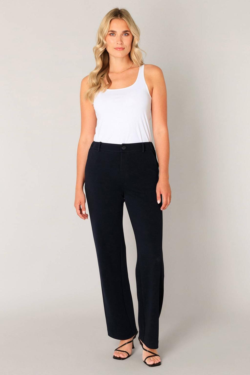 Donkerblauwe dames Base Level straight regular waist broek van katoen met effen