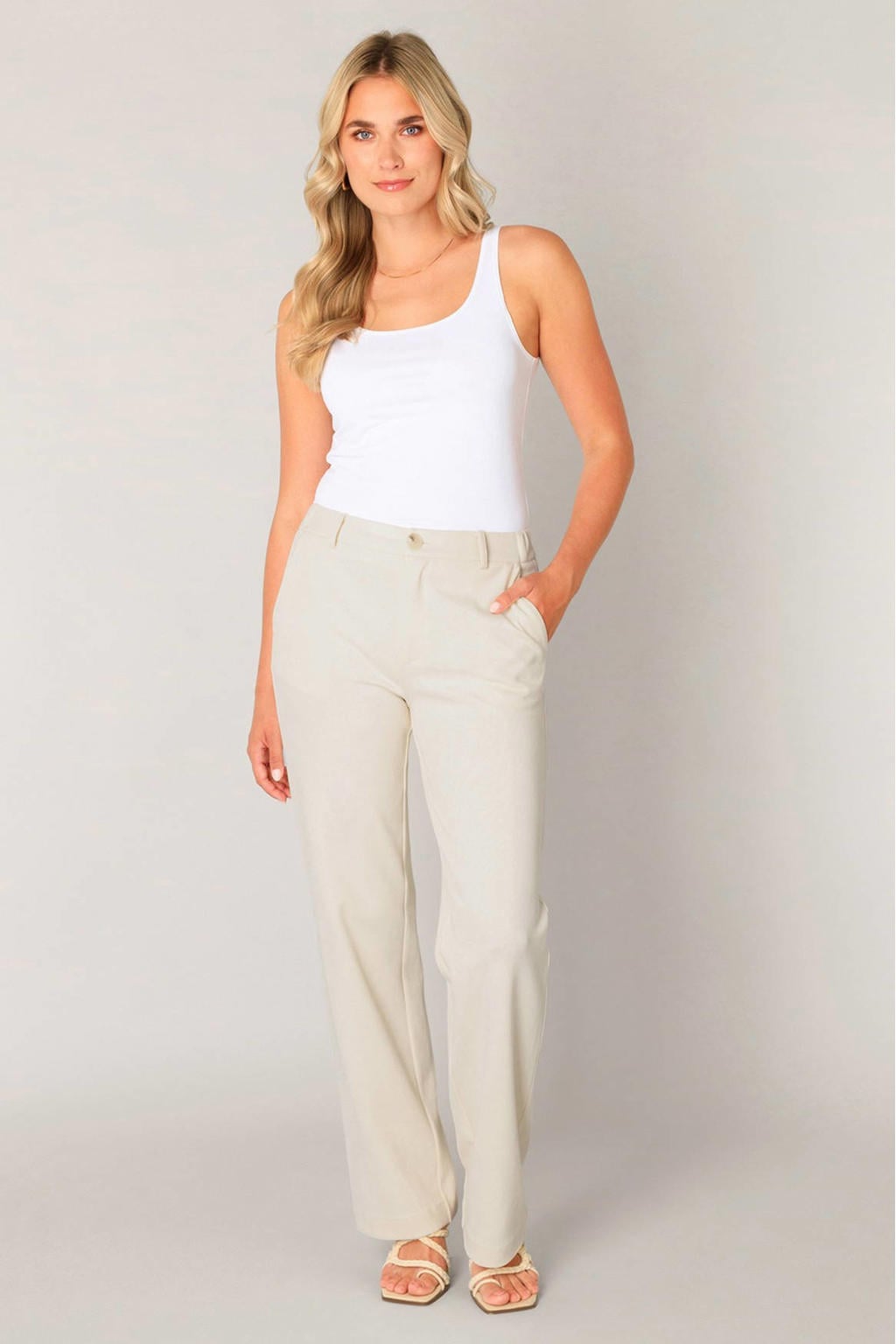 Ecru dames Base Level straight regular waist broek van katoen met effen