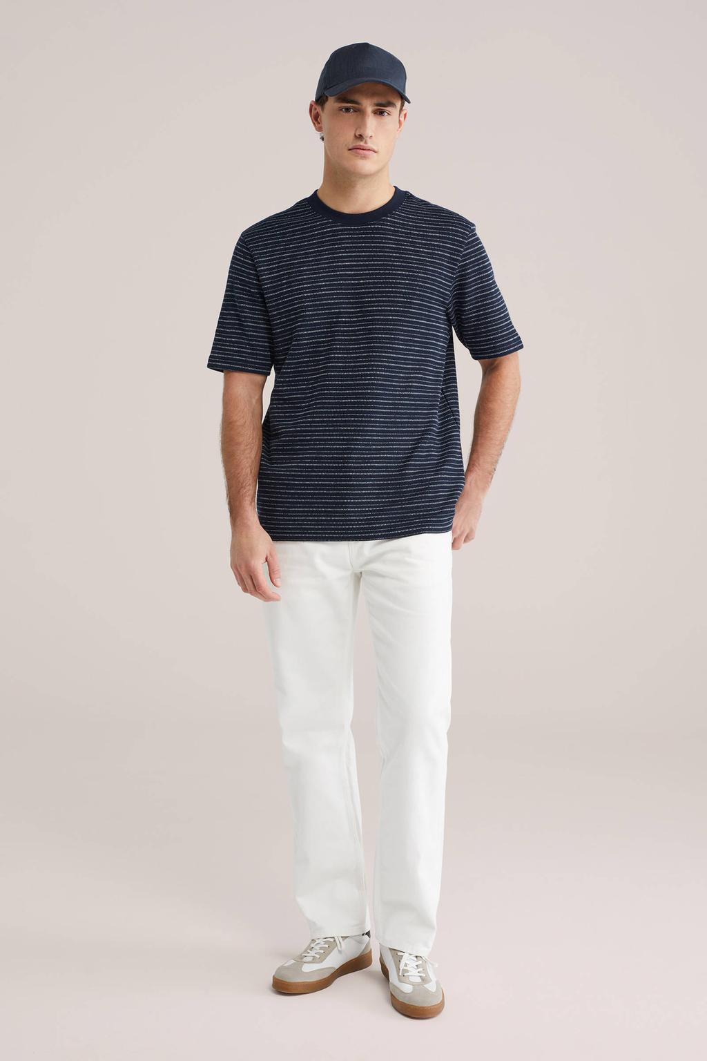 Donkerblauwe heren WE Fashion regular gestreepte T-shirt van katoen met korte mouwen en ronde hals