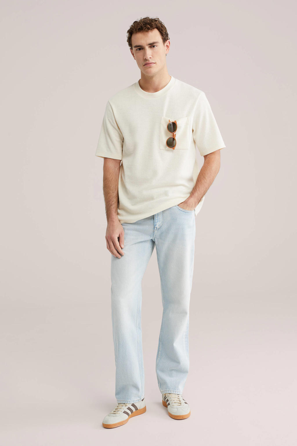 Beige heren WE Fashion relaxed T-shirt van polyester met effen, korte mouwen, ronde hals en textuur