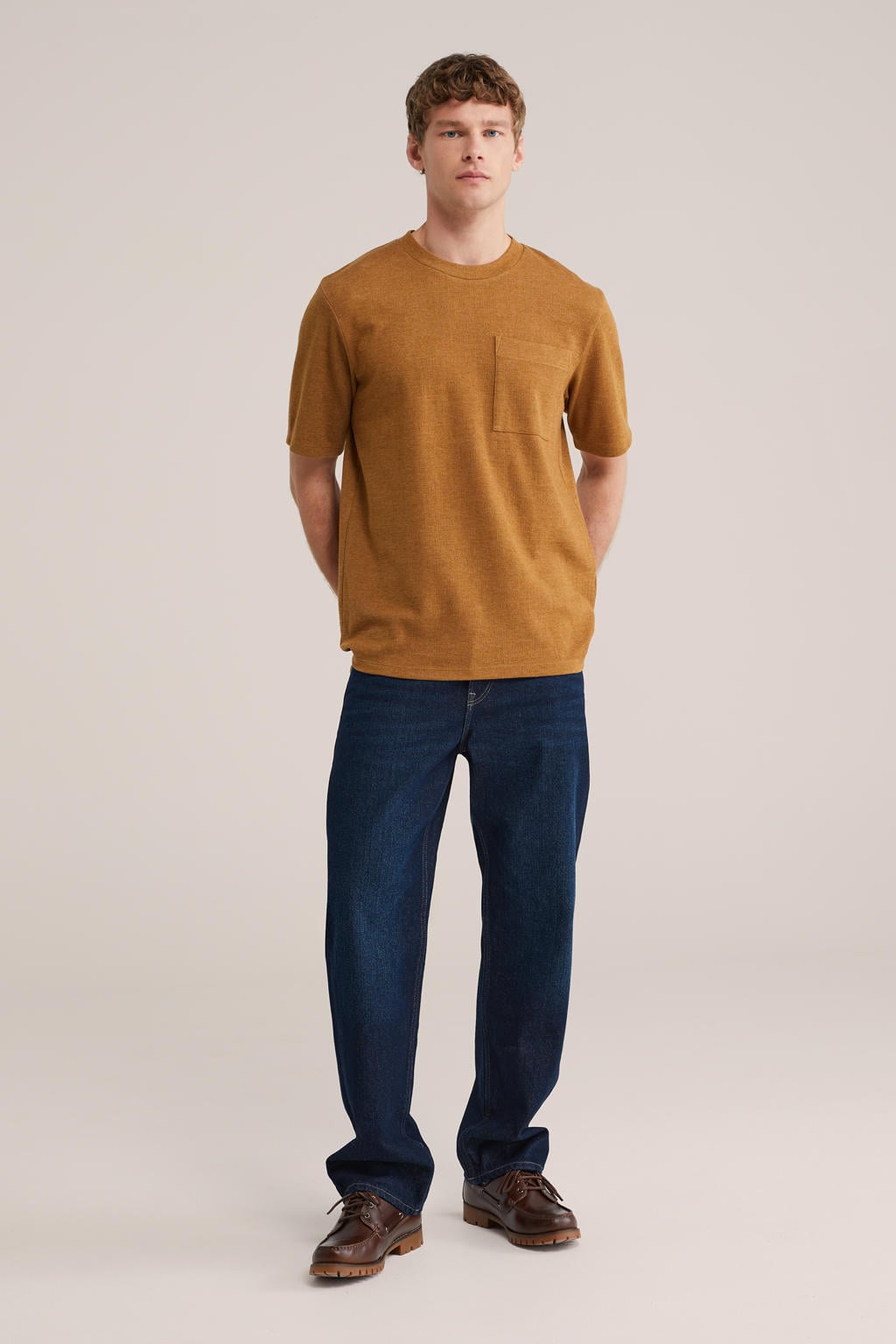 Donker oranje heren WE Fashion relaxed T-shirt van polyester met effen, korte mouwen, ronde hals en textuur