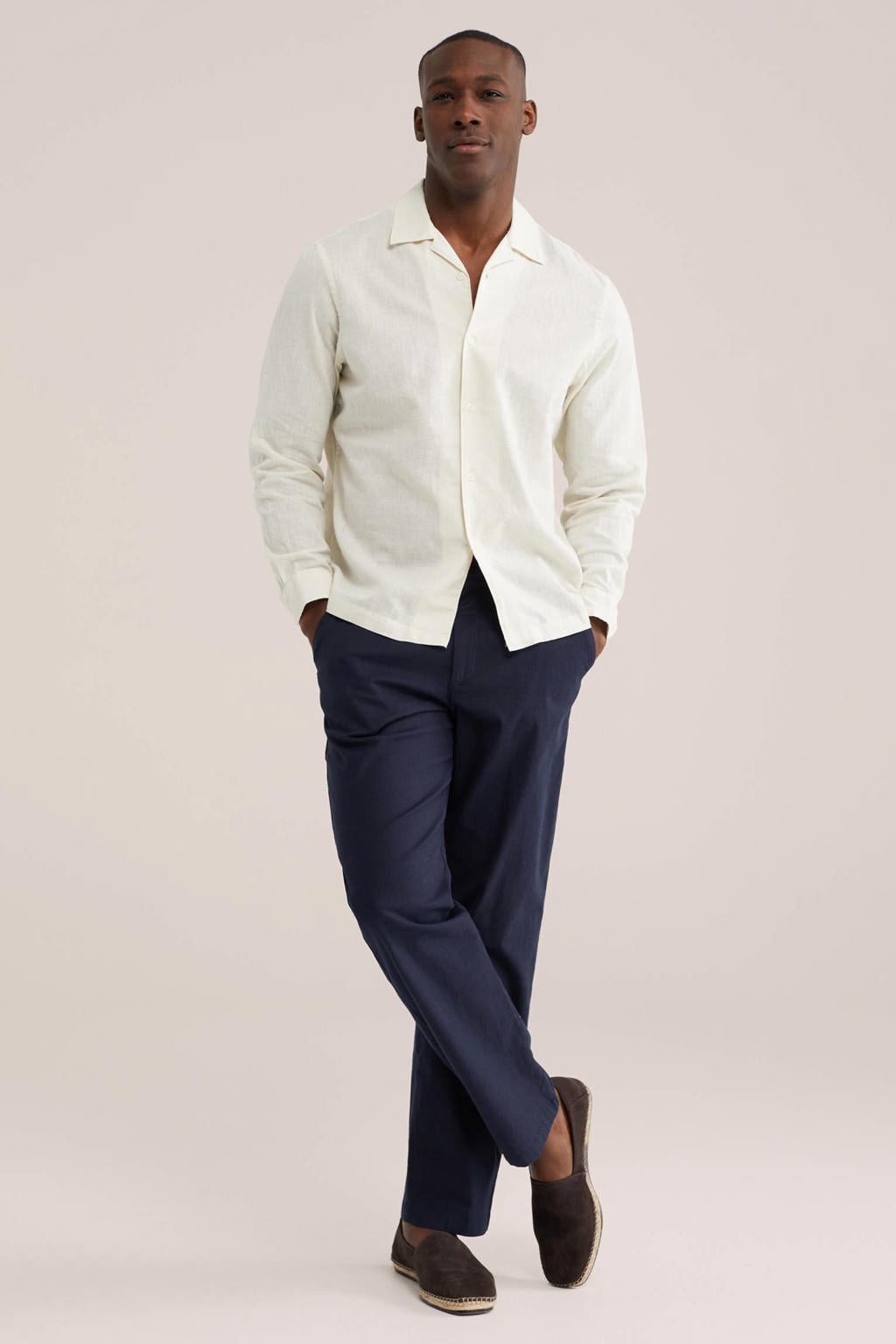 WE Fashion regular chino met linnen donkerblauw