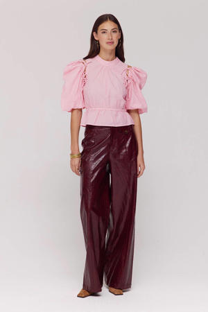 imitatieleren wide leg high waist broek donkerrood