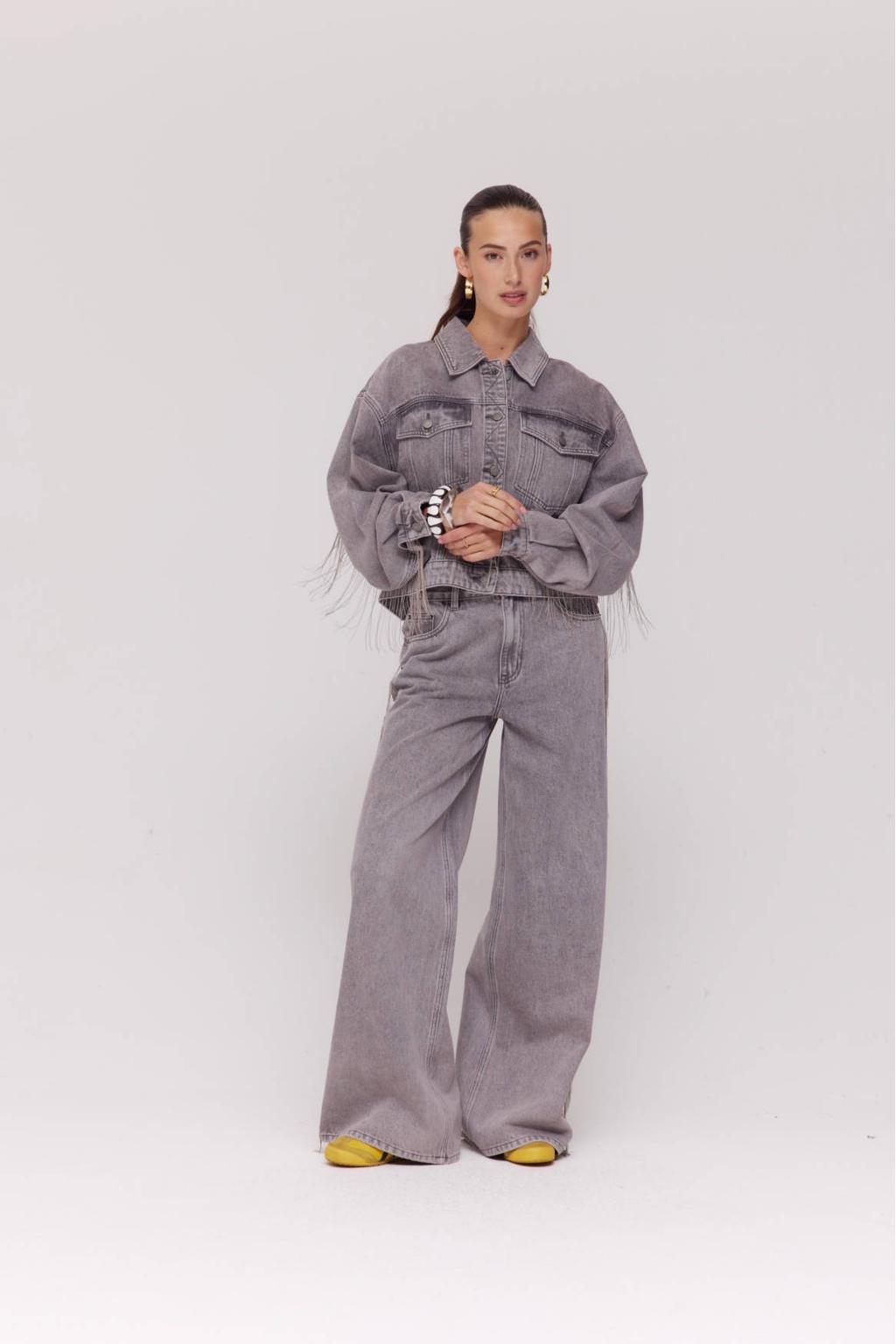 Grey denim dames HARPER & YVE wide leg jeans van denim met rits- en knoopsluiting en effen