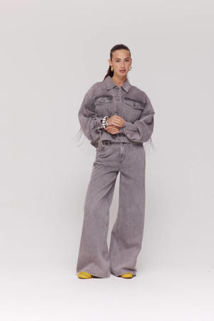 wide leg jeans grey denim met franjes