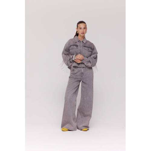 HARPER & YVE wide leg jeans grey denim met franjes afbeelding