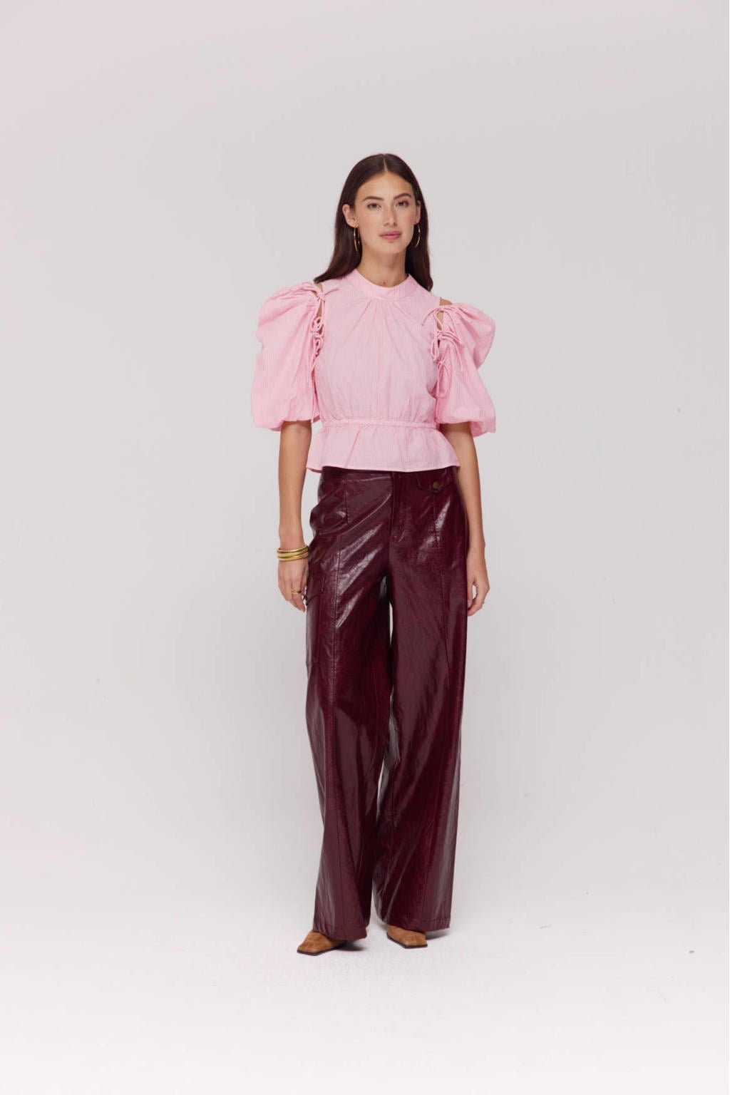 Roze dames HARPER & YVE top met strepenprint, driekwart mouwen, ronde hals, striksluiting en strikje