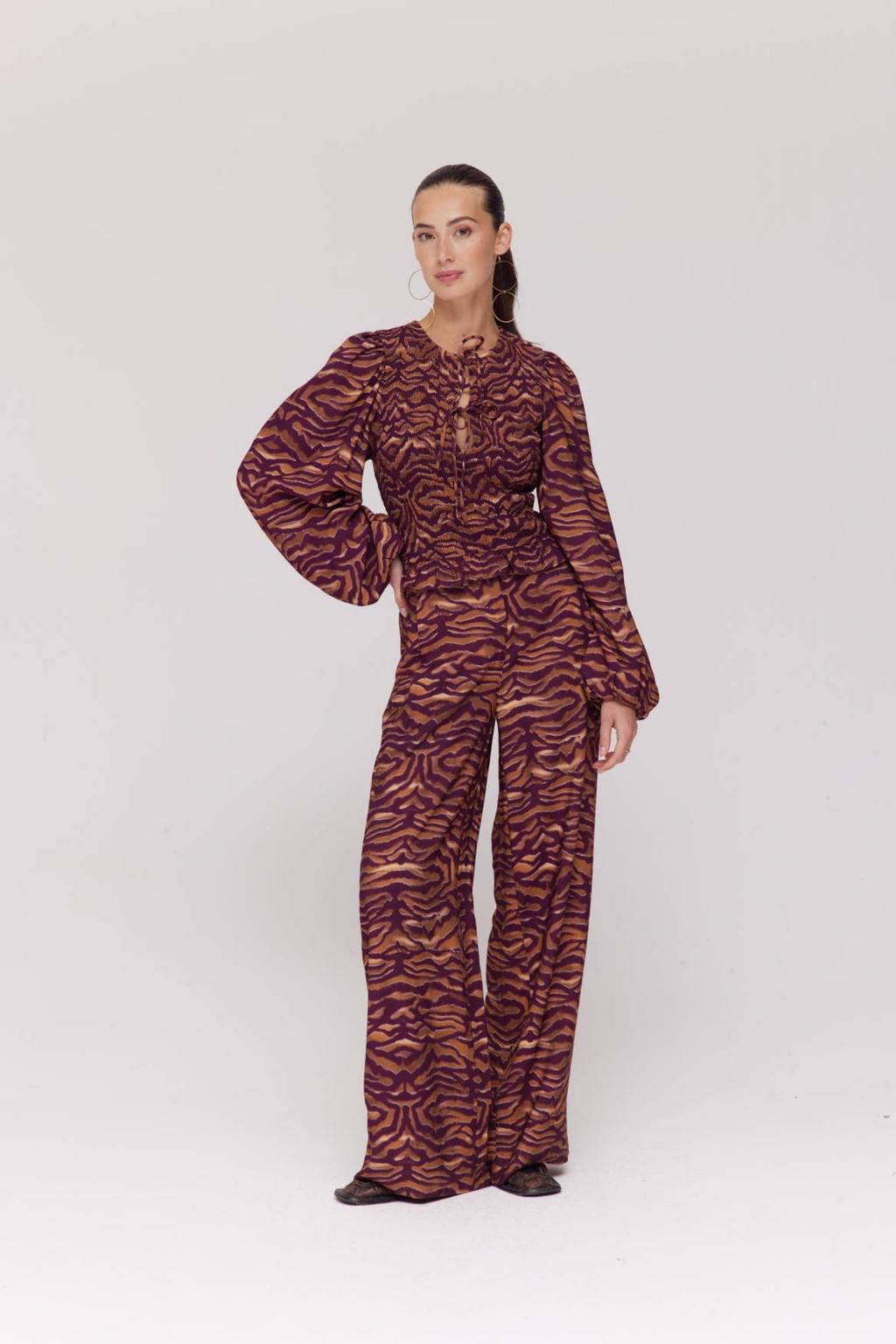 Bruin en ecru dames HARPER & YVE wide leg high waist broek van viscose met dierenprint