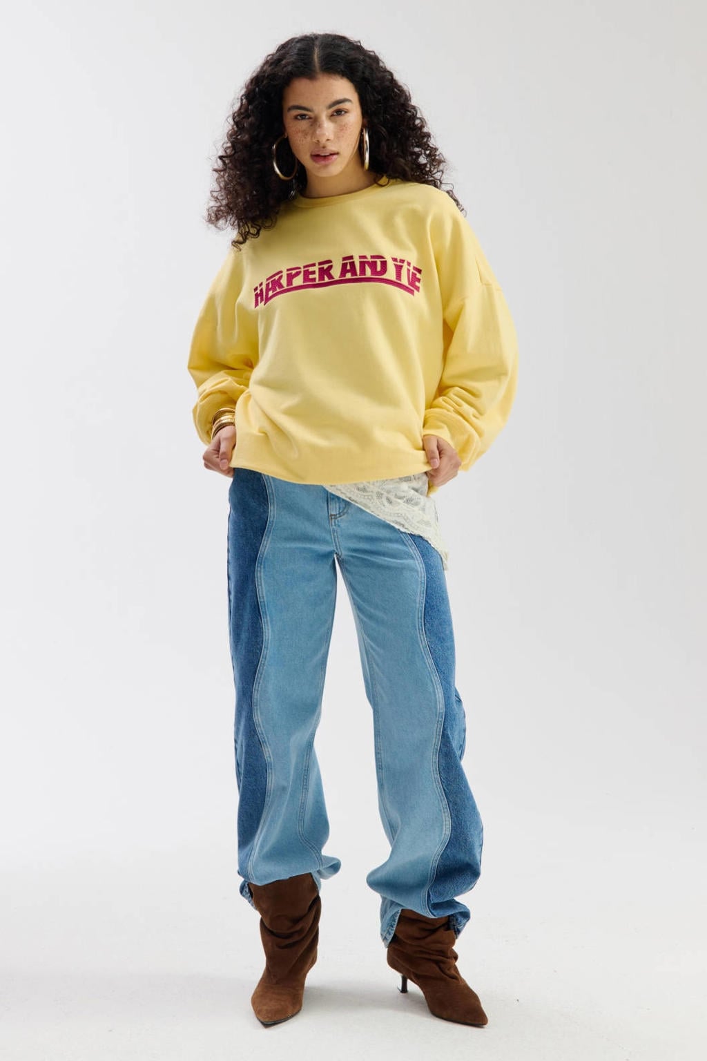 Lichtgele dames HARPER & YVE sweater van katoen met tekst print, lange mouwen en ronde hals