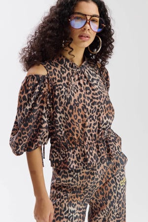 peplum top met dierenprint bruin