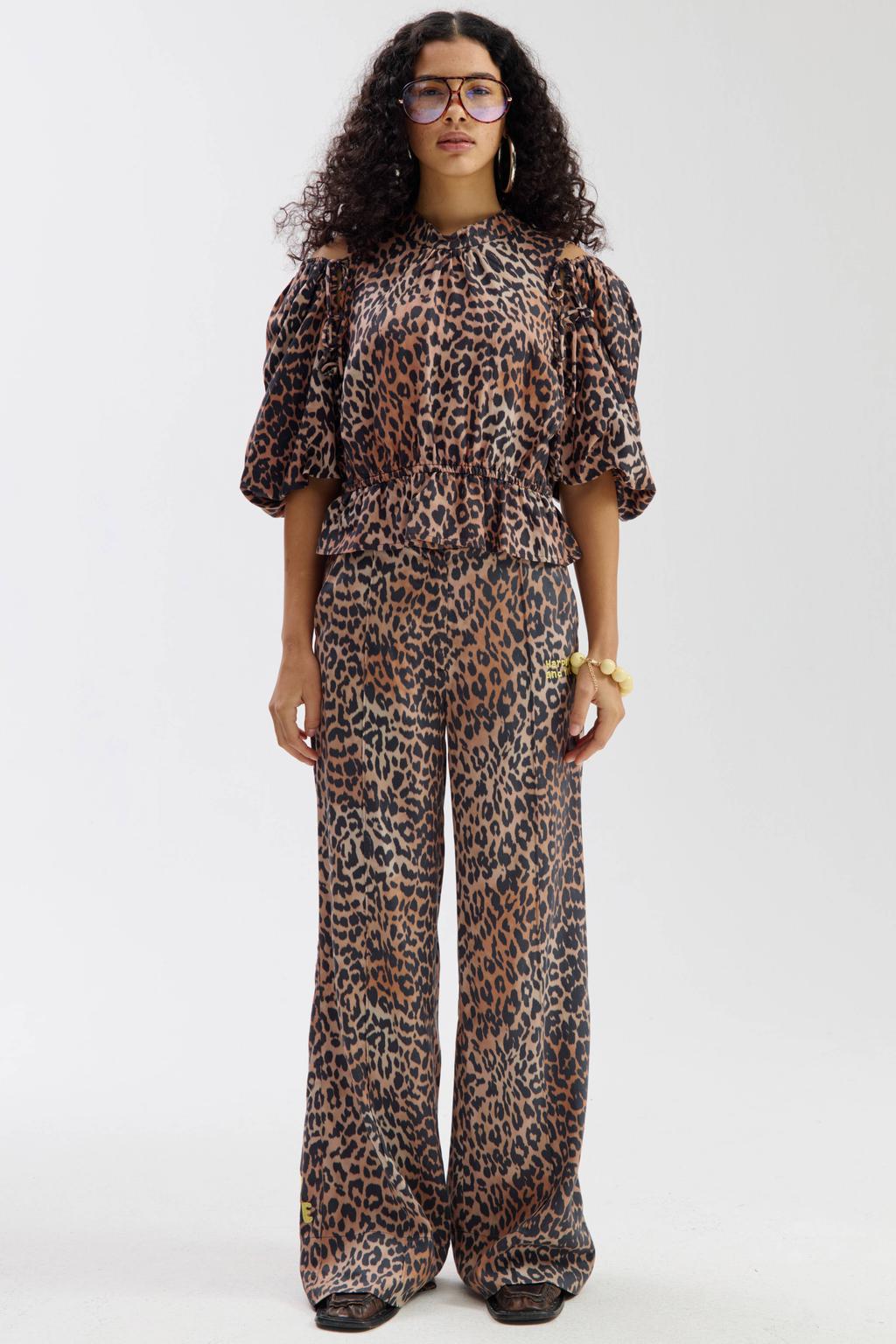 Bruine dames HARPER & YVE peplum top van viscose met dierenprint, driekwart mouwen en ronde hals