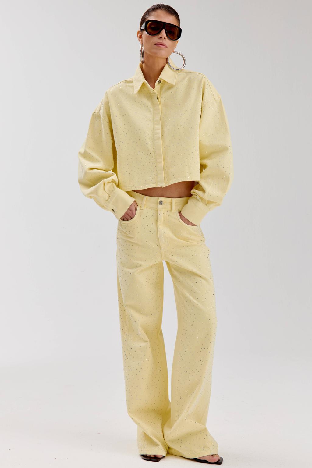 Lichtgele dames HARPER & YVE wide leg jeans van katoen met rits- en knoopsluiting en effen