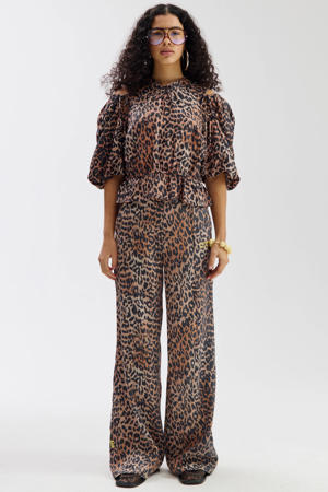 wide leg high waist broek met dierenprint bruin