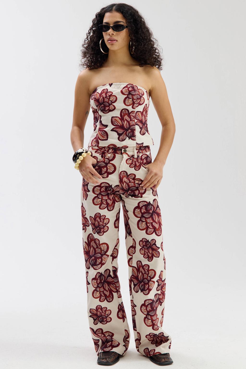 Ecru en rode dames HARPER & YVE gebloemde strapless top van denim met smockwerk