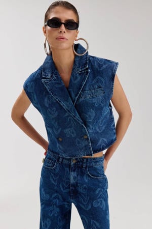 gebloemde gilet medium blue denim