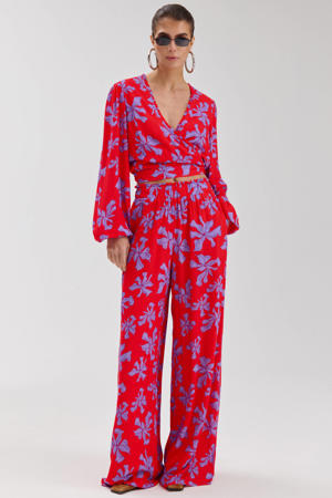 wide leg regular waist gebloemde broek rood
