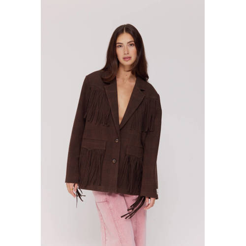 HARPER & YVE geruit oversized blazer bruin met franjes afbeelding
