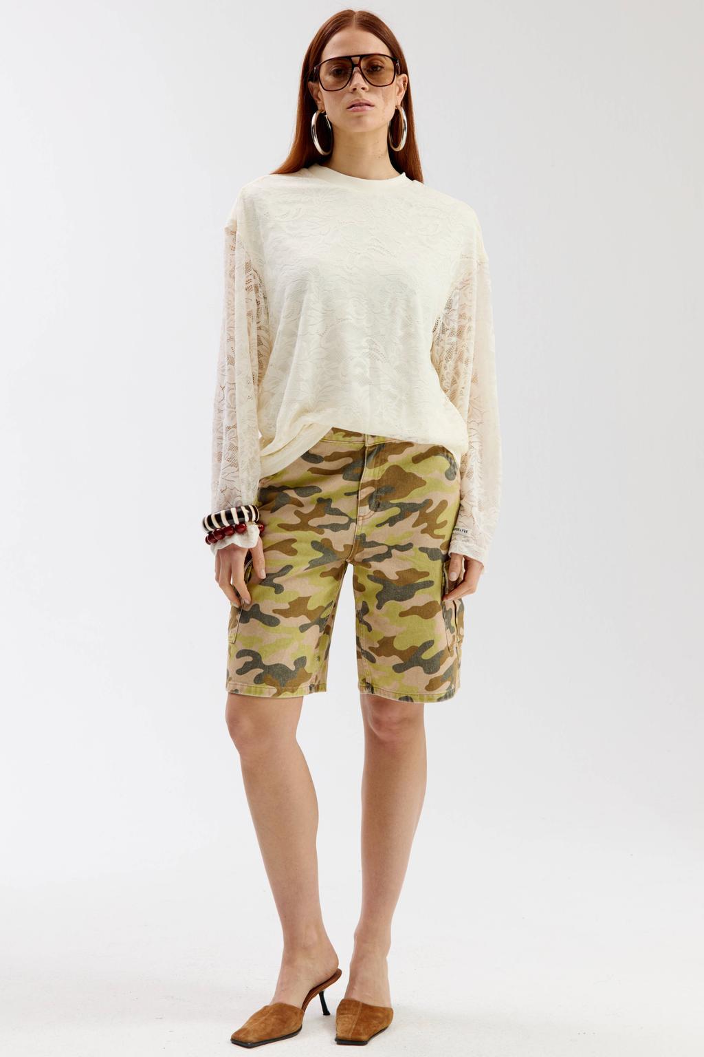 Groene dames HARPER & YVE regular waist camouflage short van denim met loose fit en rits- en knoopsluiting