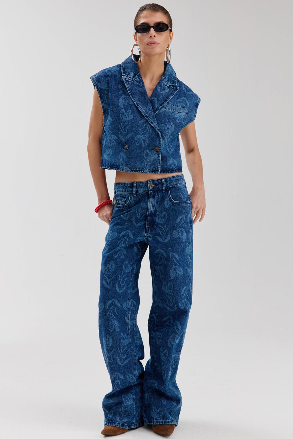 Medium blue denim dames HARPER & YVE gebloemde wide leg jeans van katoen met rits- en knoopsluiting