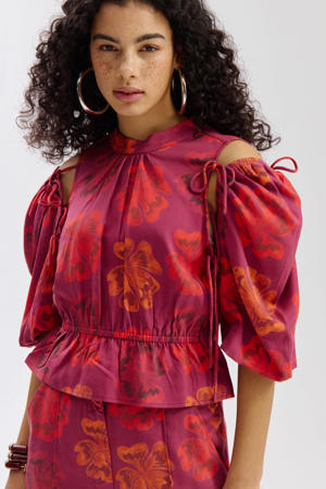 gebloemde peplum top roodbruin