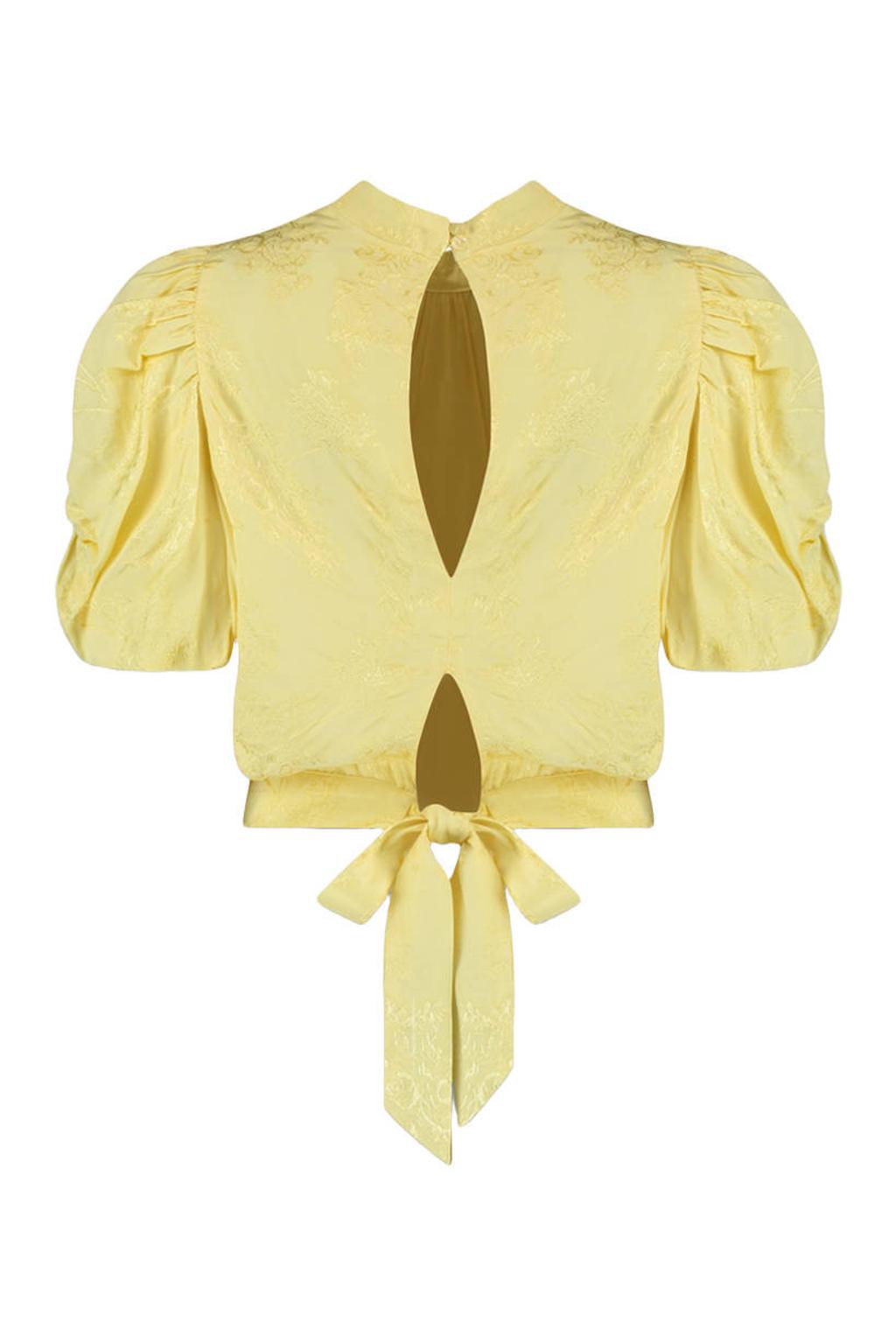 Lichtgele dames HARPER & YVE gebloemde top van rayon met korte mouwen, ronde hals en striksluiting