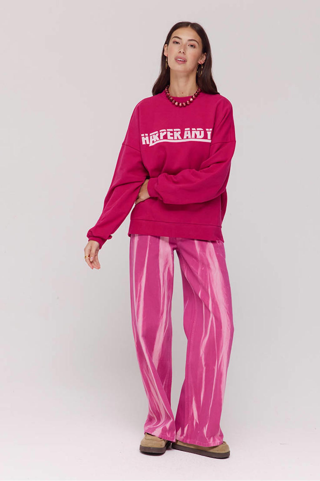 Roze en witte dames HARPER & YVE sweater van katoen met tekst print, lange mouwen en ronde hals